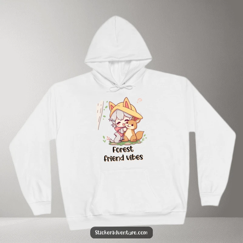 Funny forest friends hoodie with a character playfully interacting with a friendly forest creature; comfortable and humorous nature wear.