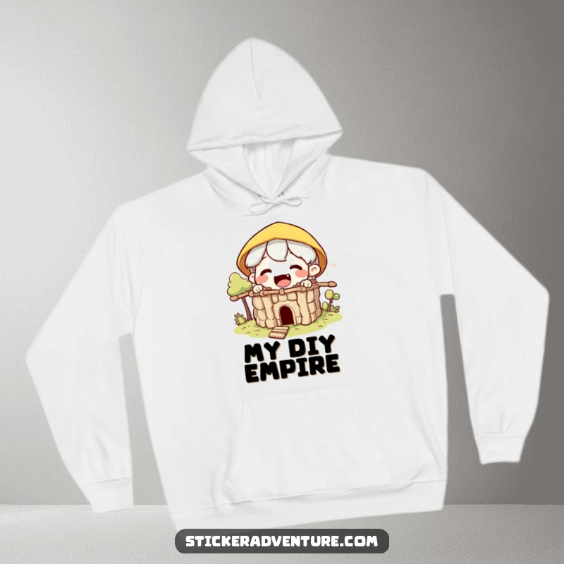 Funny builder character hoodie, depicting an excited character building a small fort from sticks, cozy and inspiring.