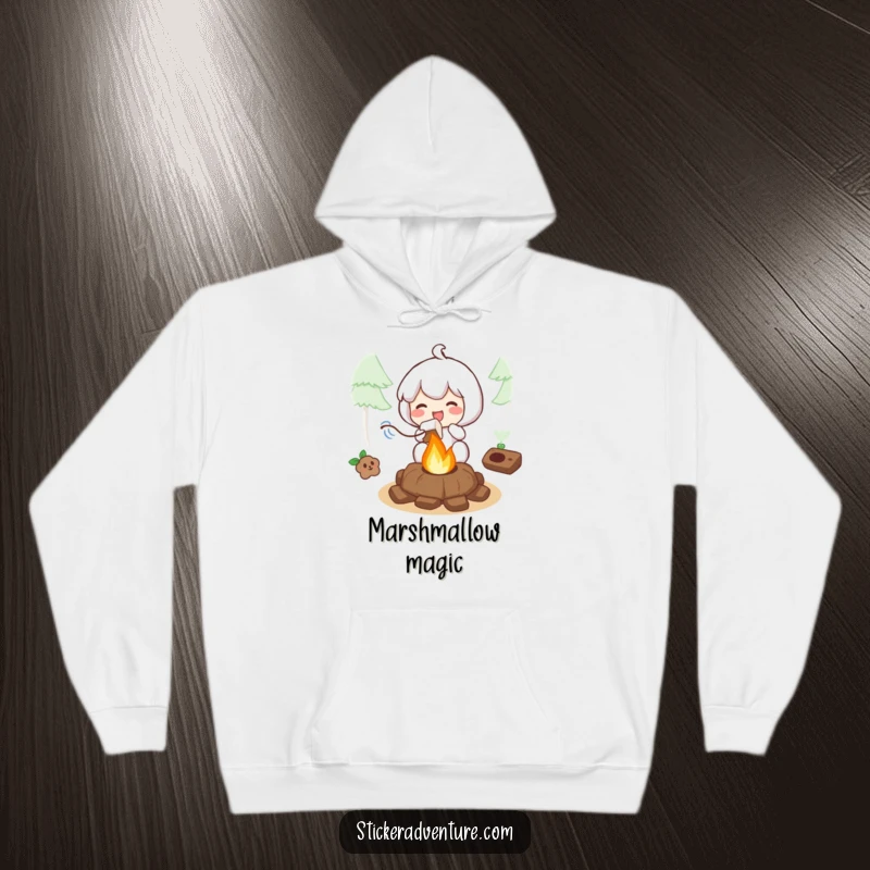 Funny hoodie print of a character happily roasting a marshmallow over a small campfire, perfect for cozy evenings.