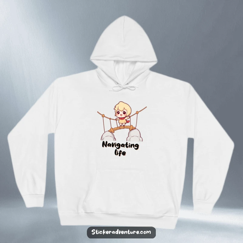 Funny hoodie of a character cautiously crossing a rope bridge, a look of playful challenge on their face, for adventurers.