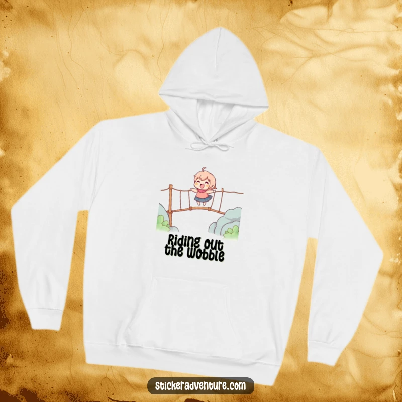Funny hoodie with a character gleefully crossing a wobbly rope bridge, symbolizing bravery and the thrill of adventure.