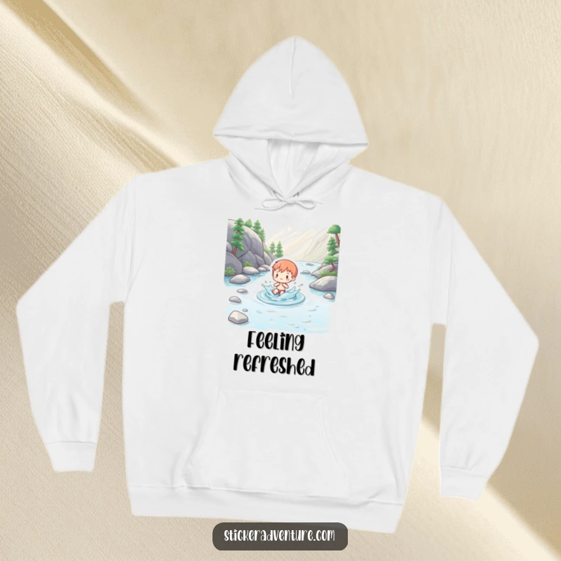Funny hoodie featuring a charming figure splashing playfully in a clear mountain stream, offering cozy comfort and natural charm.