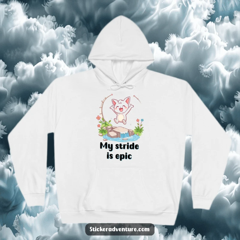 Funny hoodie with a happy character taking a triumphant leap over a stream, symbolizing joy and energetic movement.