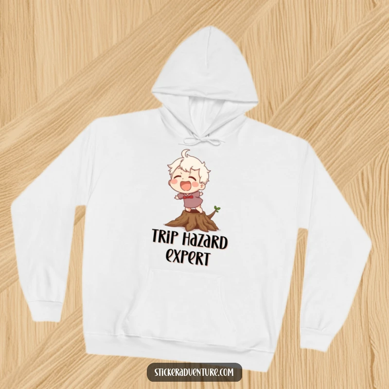Funny Hoodie: A character laughing uncontrollably while stumbling over a tree root, perfect for a cozy laugh.