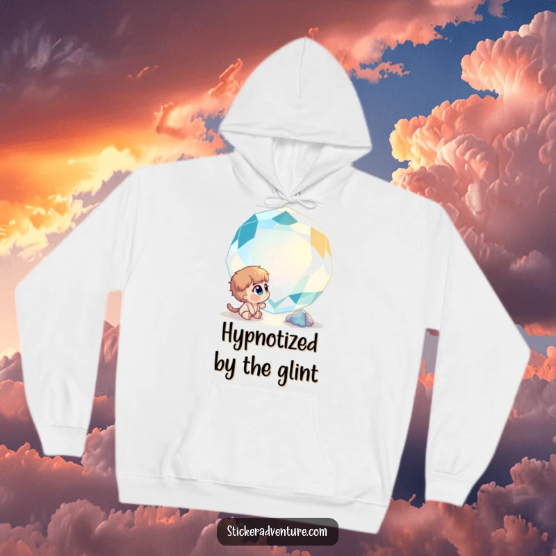 Funny hoodie depicting a curious character gazing in awe at a giant, sparkling gemstone, perfect for cozy contemplation.