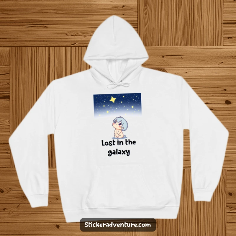 Funny hoodie featuring a character looking up at a starry night sky, offering comfort with a humorous and celestial design.