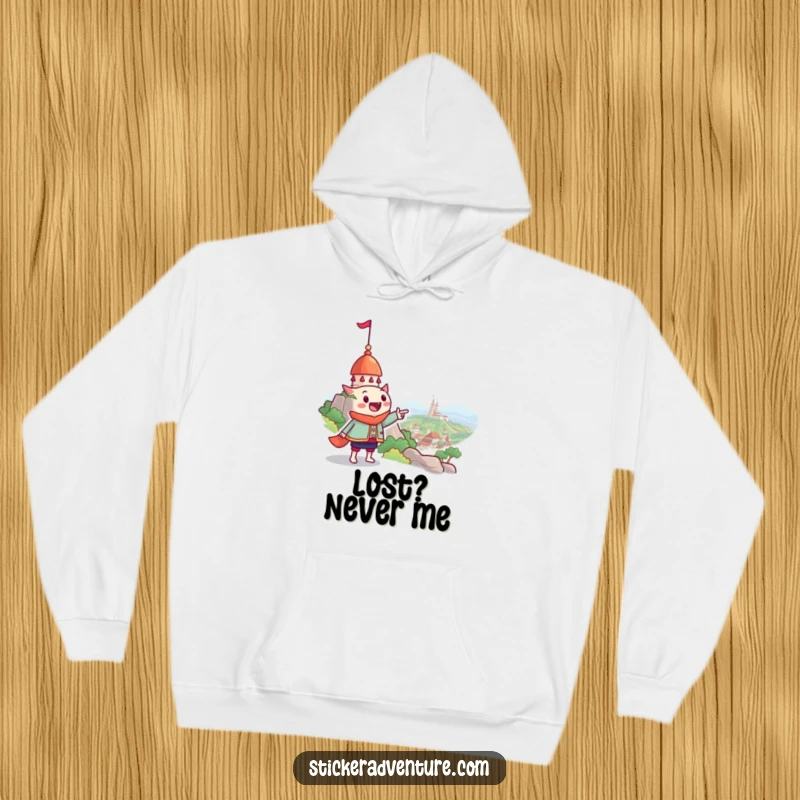 Funny hoodie showcasing a happy character pointing at a fantastical landmark, perfect for cozy, adventurous days and a humorous vibe.