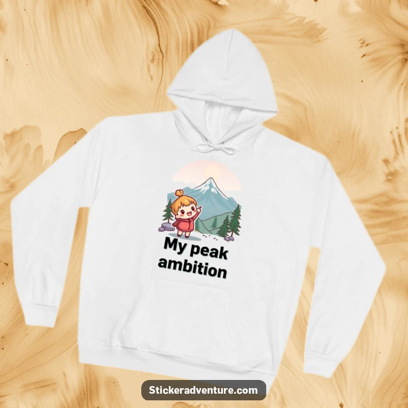 Funny explorer hoodie featuring a cute character enthusiastically pointing towards a mountain peak; comfortable and humorous adventure wear.