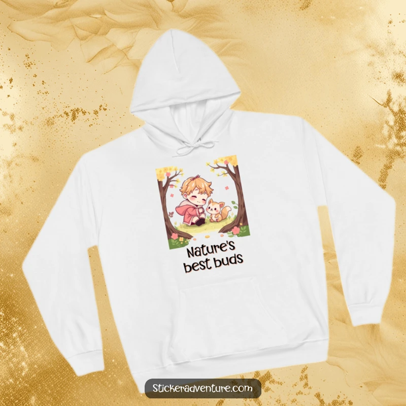 Funny hoodie depicting a character playfully interacting with a curious woodland animal, embodying warmth and humor. Cozy forest apparel.