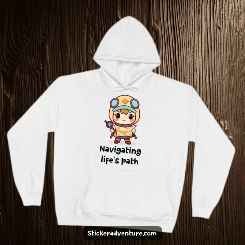 Funny hoodie featuring a determined Kawaii character holding a map and compass, ready for any quest.