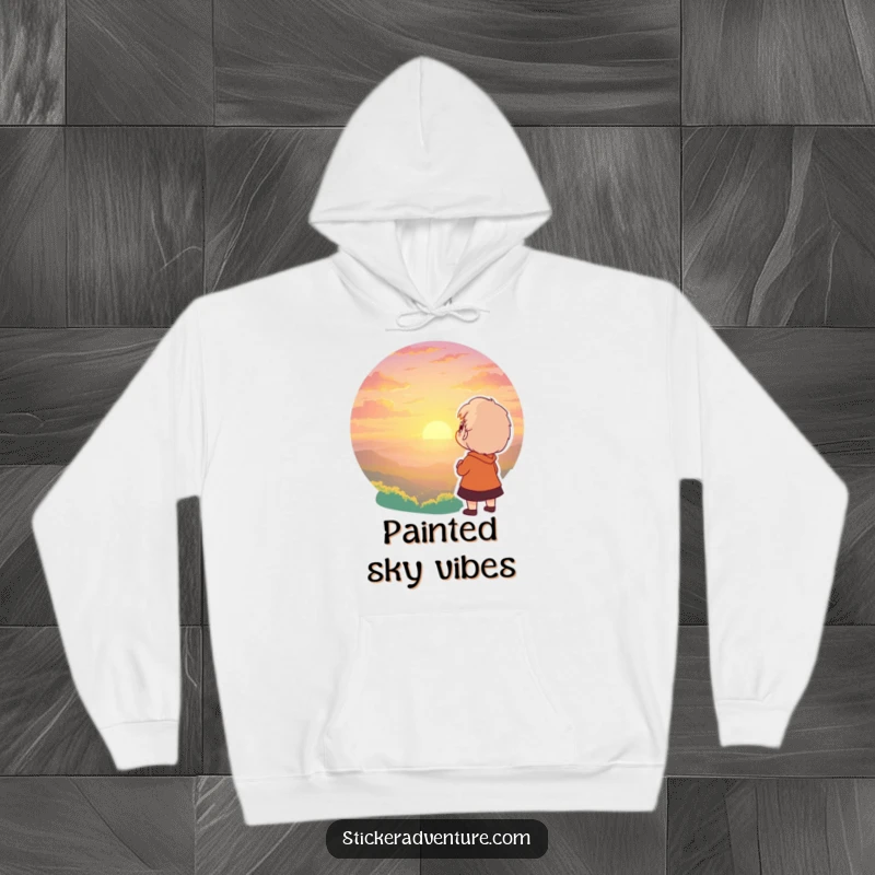 Funny hoodie depicting a character gazing at a breathtaking sunset with awe and wonder. Cozy and inspiring humor.