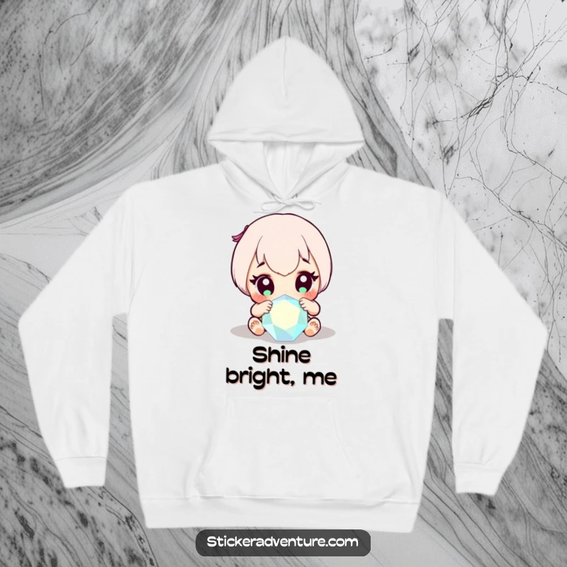 Funny hoodie depicting a small character's wide-eyed amazement upon discovering a glittering, precious gem, radiating pure joy.