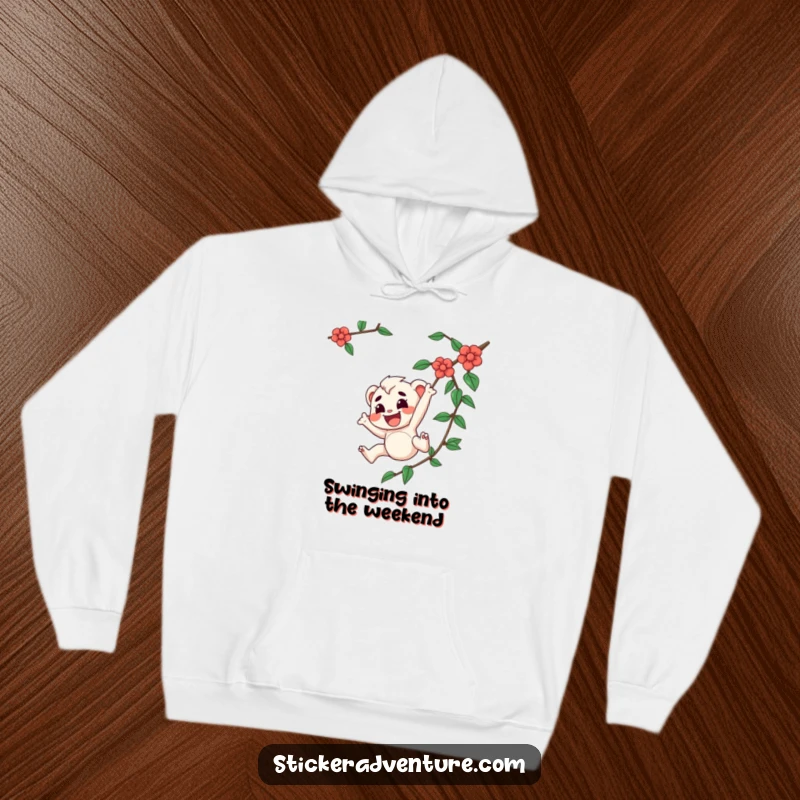 Funny hoodie capturing a joyful character with a determined expression swinging from a vine, perfect for cozy adventures and laughter.