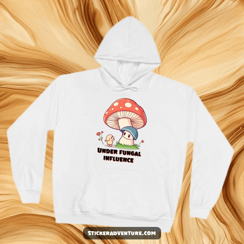 Funny hoodie featuring a whimsical character looking up in wonder at a fantastical, oversized, colorful mushroom.