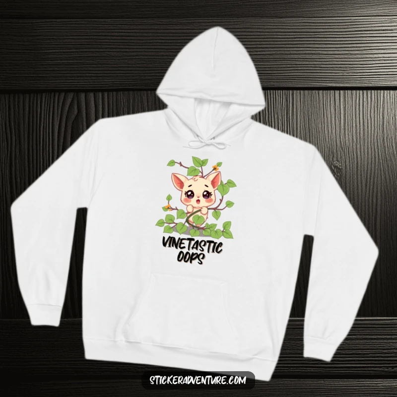 Funny hoodie print of a small character hilariously stuck in a vine, displaying a comically surprised expression, perfect for gifting.