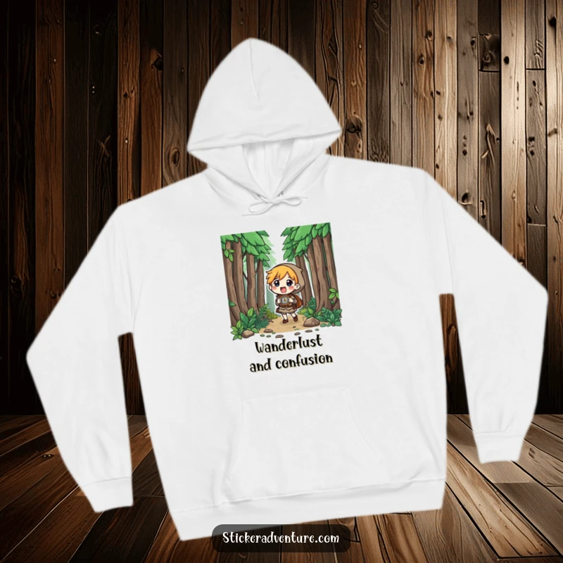 Funny character in a forest with a compass, curious look, excited expression, cozy funny gift.