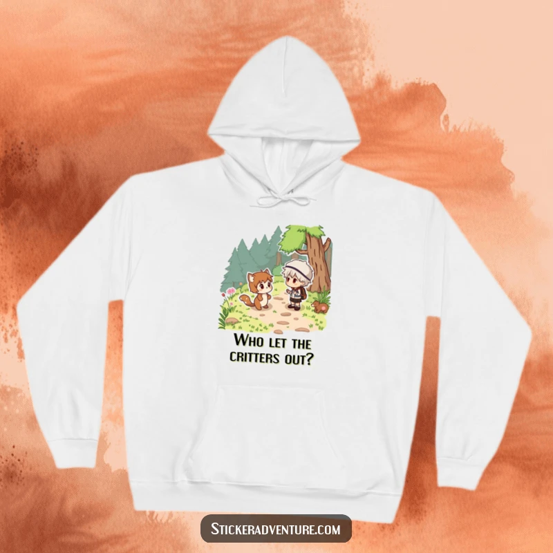 Funny woodland creature surprise hoodie, a person encountering a cute animal on a hiking trail, warm and humorous.