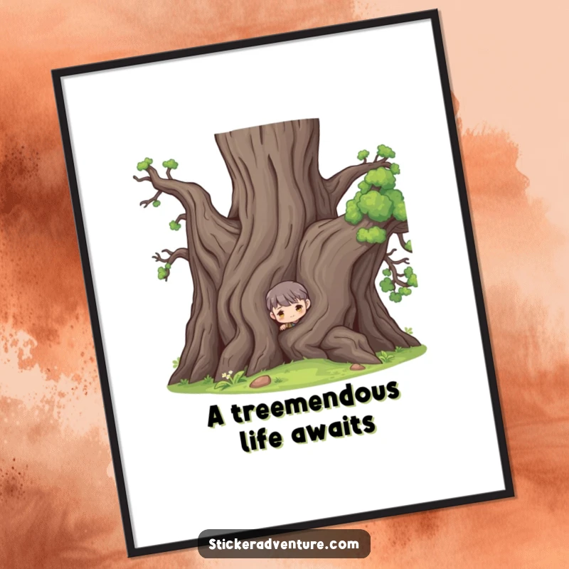 Funny Free Printable Wall Art of a character coyly peeking from behind the massive trunk of an ancient, wise-looking tree.