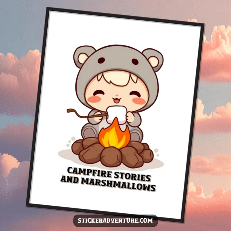 Funny Free Printable Wall Art featuring a cute character roasting a marshmallow over a campfire, creating a warm and inviting atmosphere.