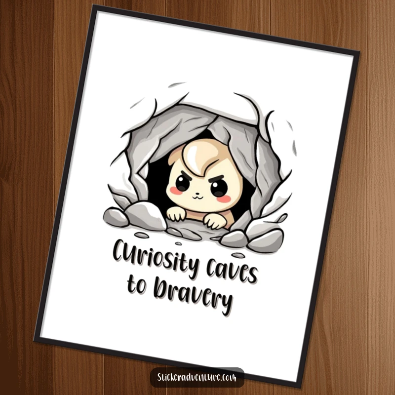 Funny Free Printable Wall Art: A playful character with a nervous grin cautiously peers into the darkness of a cave.