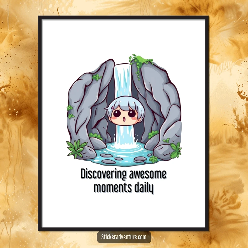 Funny Free Printable Wall Art: Character with surprised and delighted eyes gazing at a stunning, hidden waterfall.