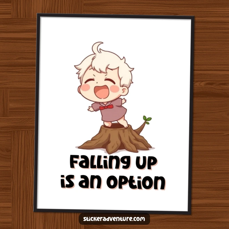 Funny Free Printable Wall Art depicting a character laughing while stumbling over a visible tree root.