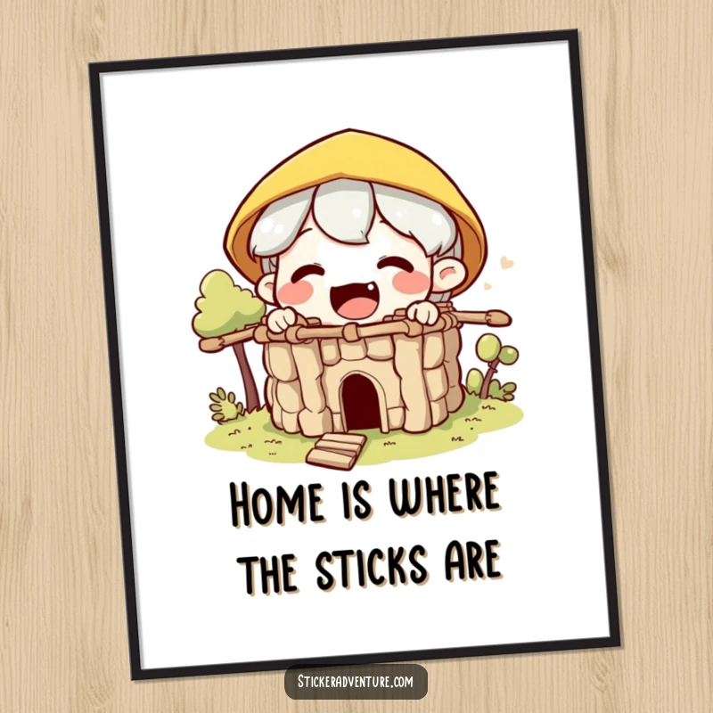 Funny Free Printable Wall Art: A delighted character meticulously builds a small stick fort, showcasing their constructive spirit.