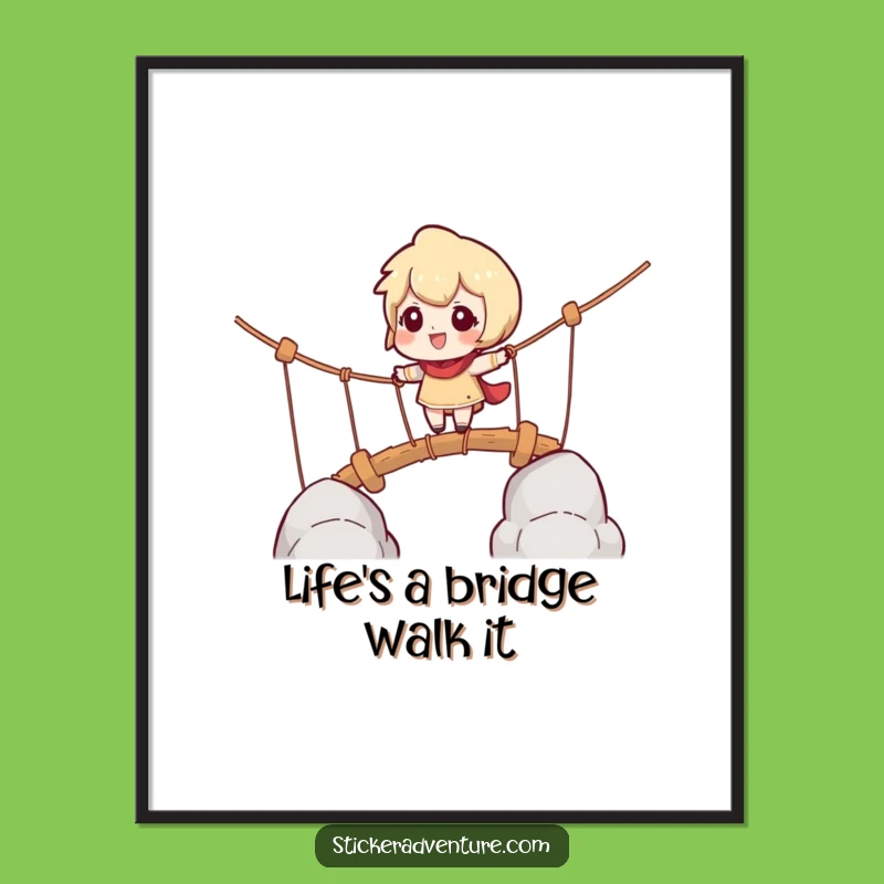 Free Printable Wall Art: Adventurous Rope Bridge Character, Humorous Downloadable Decor