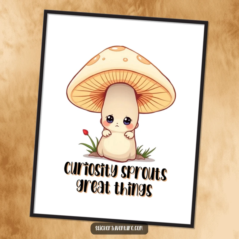 Funny Free Printable Wall Art: Tiny character peeking from behind a large mushroom with curious eyes, adding a touch of playful intrigue.
