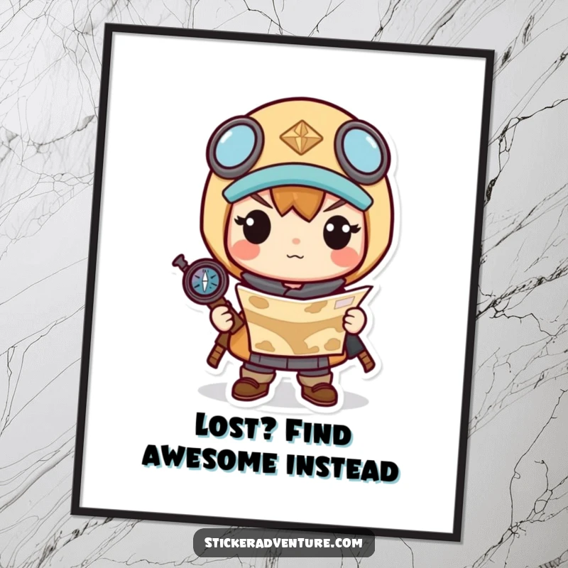 Funny Free Printable Wall Art: Kawaii character with a determined expression holding a map and compass.