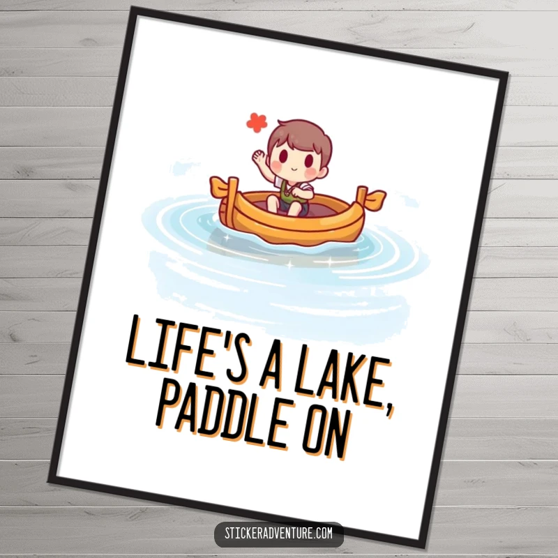 Funny Free Printable Wall Art: Character merrily steering a raft on a sparkling lake, a humorous and cheerful DIY art piece.
