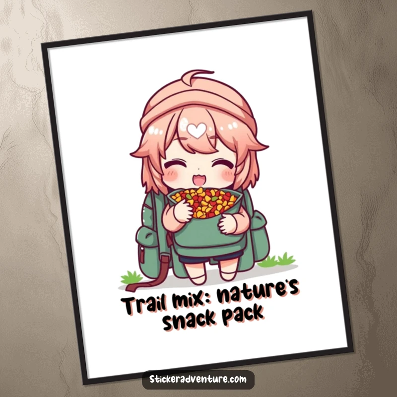 Funny Free Printable Wall Art: Trail mix character with backpack offers a piece of snack, exuding generosity and humor.