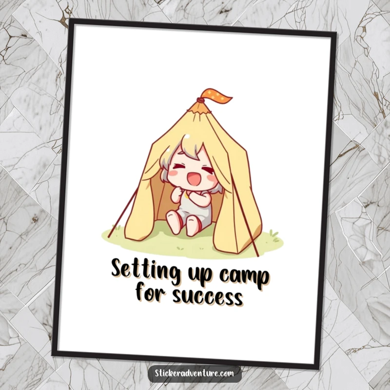 Funny Free Printable Wall Art: Character joyfully and energetically setting up a small tent, ready for adventure.
