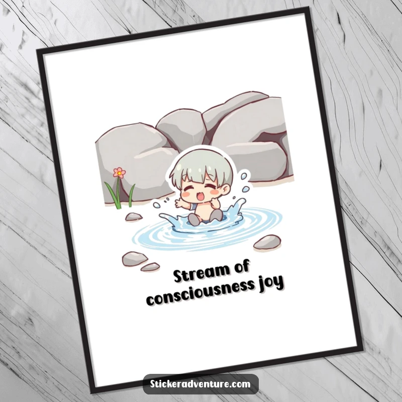 Funny Free Printable Wall Art: Character playfully splashing water in a clear, shallow stream, capturing a moment of pure, unadulterated fun.