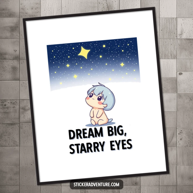 Funny Free Printable Wall Art featuring a character looking up at a vast starry night sky, inspiring dreams and cosmic wonder.