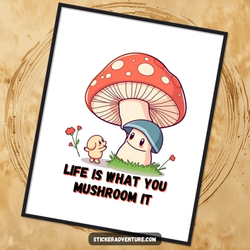 Funny Free Printable Wall Art: A whimsical character marveling at the immense size and vibrant colors of a giant mushroom.