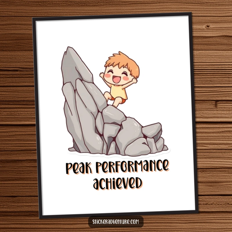 Funny Free Printable Wall Art depicting a cute character joyfully scaling a small, challenging rocky cliff with a determined grin.