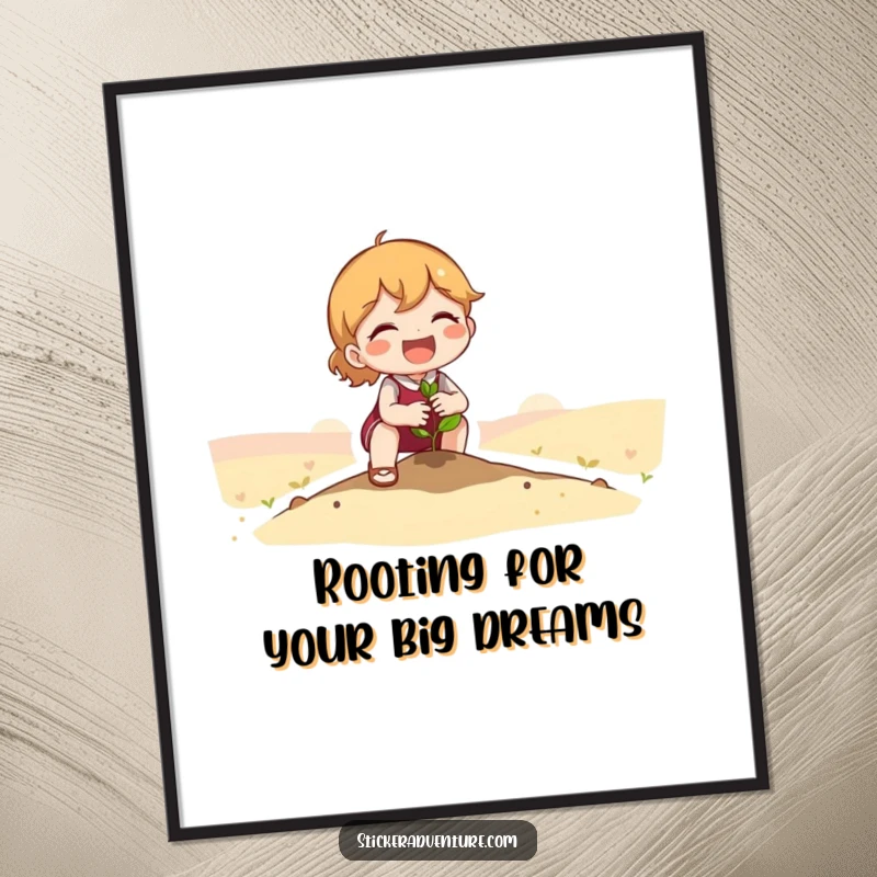 Funny Free Printable Wall Art showing a cute character joyfully planting a tiny seedling in a vast landscape.