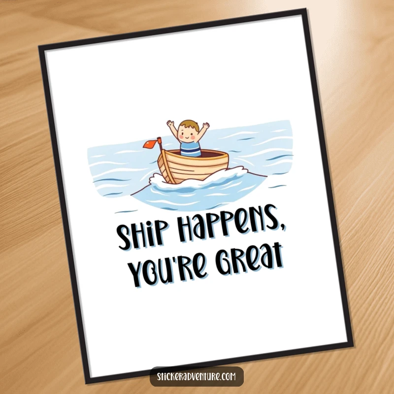 Funny Free Printable Wall Art: A small, happy character cheerfully waving from a small boat on a vast, blue ocean, serene downloadable.
