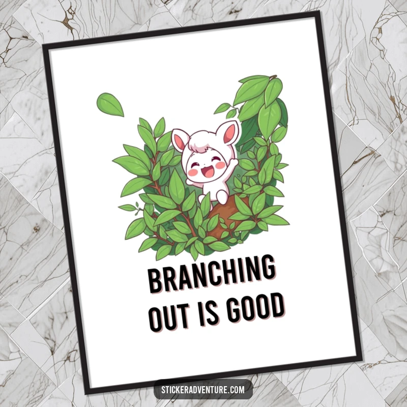 Funny Free Printable Wall Art of a cheerful character excitedly navigating through thick, lush green jungle foliage with a bright smile.