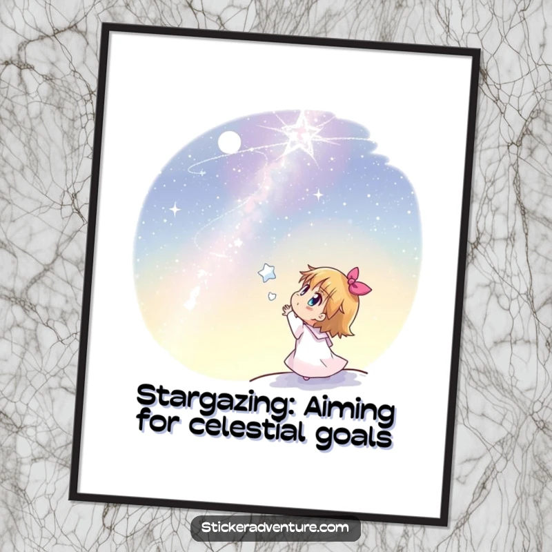 Funny Free Printable Wall Art: Joyful character gazing up at a vast, twinkling starlit sky, dreamy downloadable art.