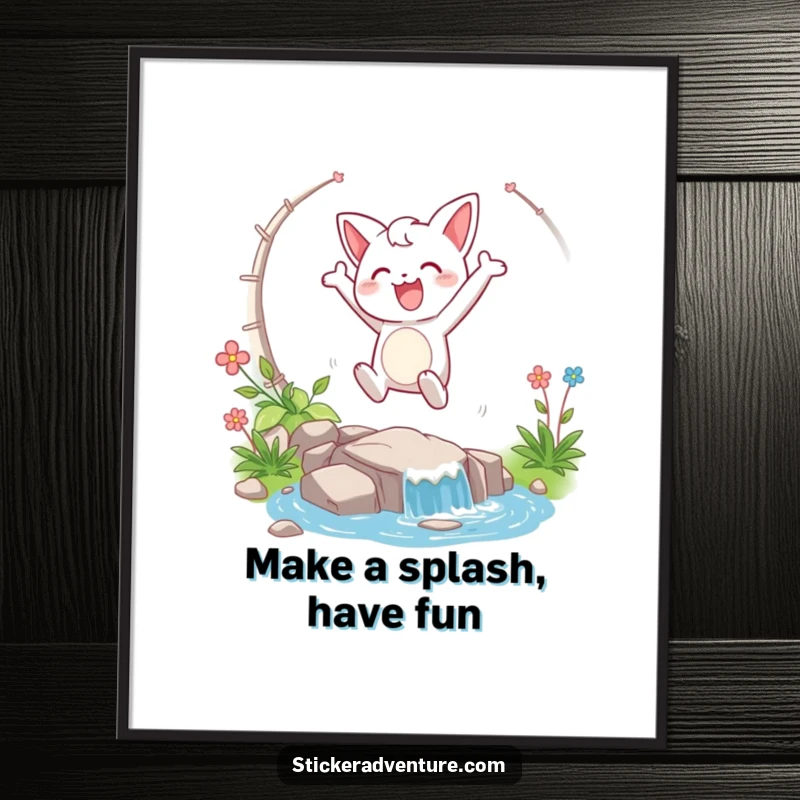 Funny Free Printable Wall Art of a character in a triumphant mid-air leap, soaring over a clear, flowing stream with pure joy.