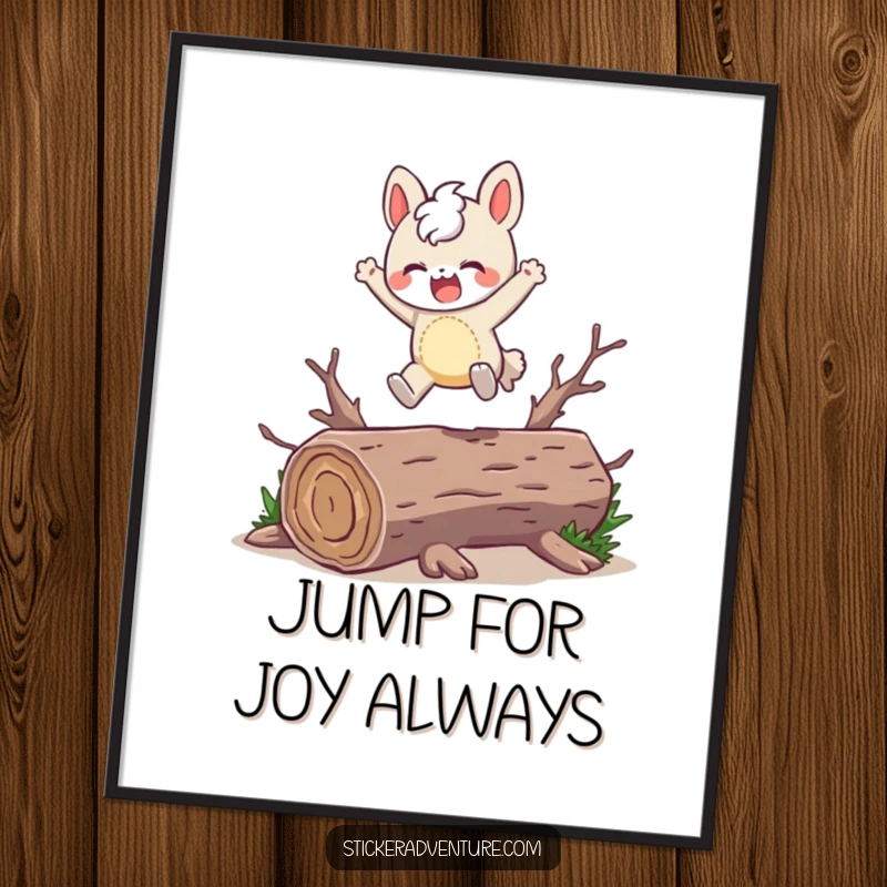 Funny free printable wall art: A character joyfully leaping over a fallen log, conveying happiness and lightheartedness.