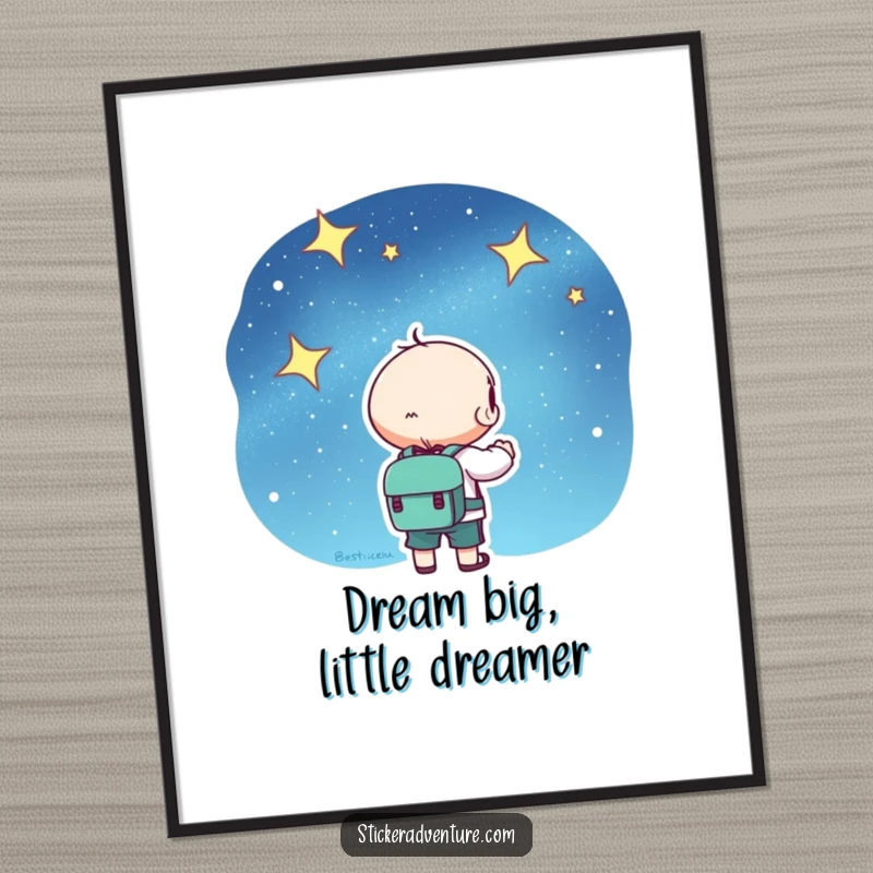 Free Printable Wall Art: Adorable kawaii character with backpack looking up at a vast, beautiful starry sky.