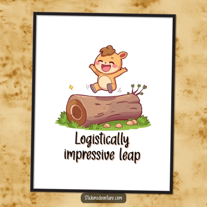 Funny Free Printable Wall Art depicting a cute character joyfully leaping over a fallen log with an enormous, infectious grin.