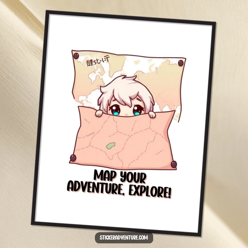 Funny free printable wall art: a character with wide, curious eyes peeking out from behind a gigantic, detailed map.