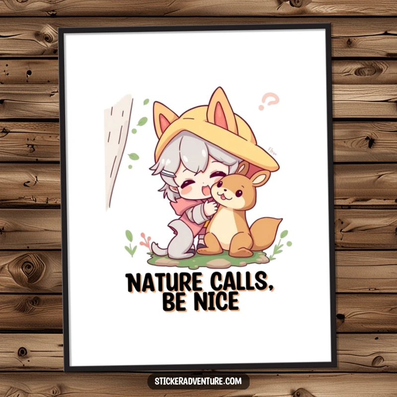 Funny Free Printable Wall Art: Character playfully interacting with a friendly forest creature, for whimsical decor.