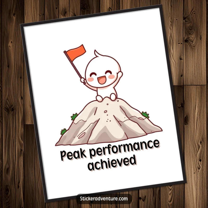Funny free printable wall art: Character excitedly planting a small flag on a mountaintop with a grin, symbolizing achievement.