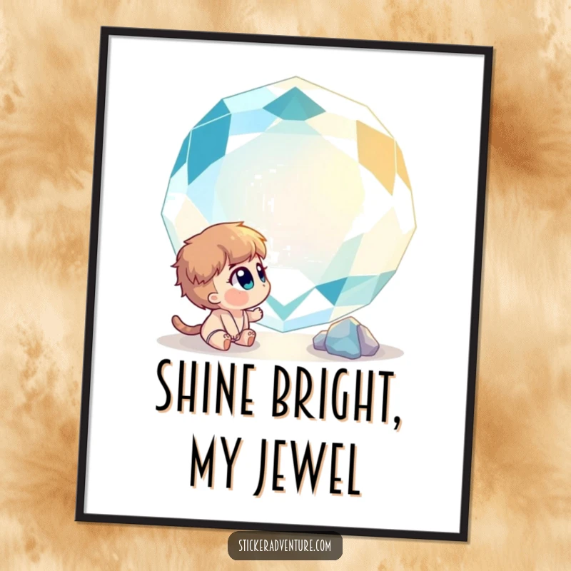 Funny Free Printable Wall Art: Curious character gazing with wide-eyed wonder at a massive, sparkling gemstone, creating a magical scene.