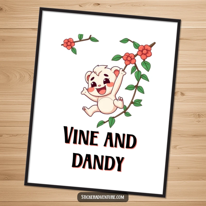Funny Free Printable Wall Art: Joyful character full of determination swinging from a vine, creating a dynamic and humorous scene.
